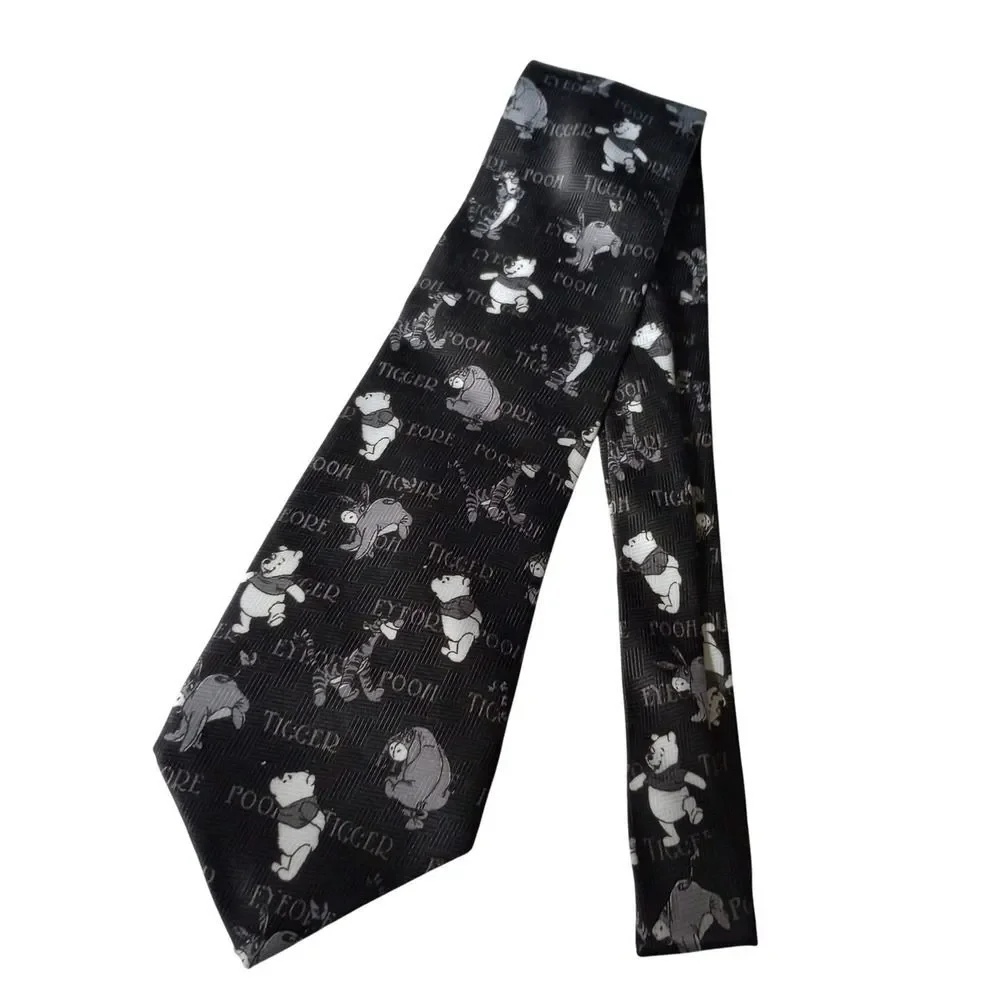 Disney Winnie the Pooh Mens Necktie Black Gray Eeyore Tigger Character Tie Pooh
